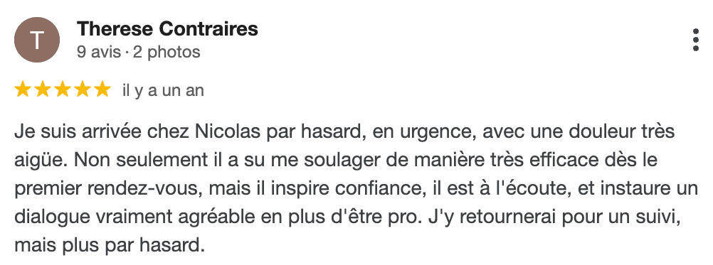 Avis Google de Therese Contraires sur Nicolas Caraguel, ostéopathe à Biarritz